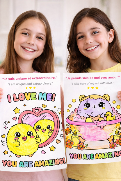 e-Livre de Coloriage Self Love Bilingue Français Anglais – Apprendre à s’aimer et à croire en soi avec Kawaii