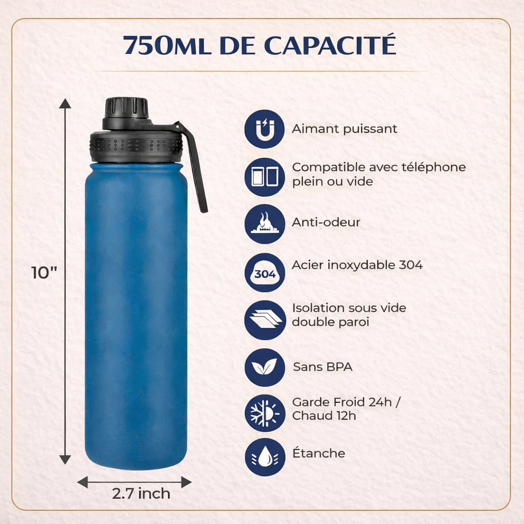 Aimora™ – Bouteille Shaker Magnétique Isotherme 3-en-1
